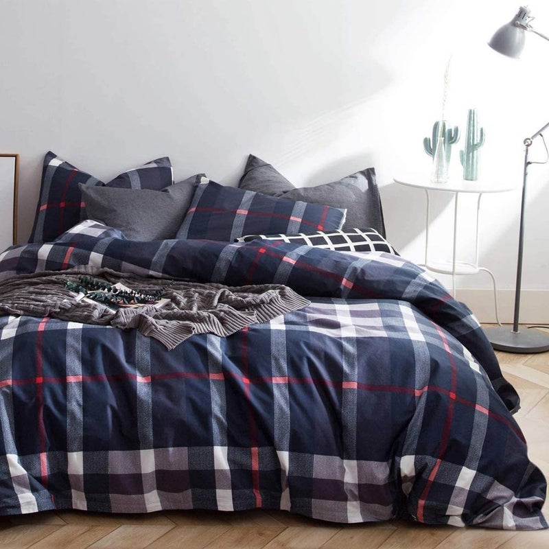 KAREVER Navy Plaid Comforter Set Queen Checkered Bedding Set Navy Blue Tartan Grid Comforter Striped for Women Adult Navy Blue Checkered Blanket Set Dark Navy Queen Bed Comforter Set - Image 2